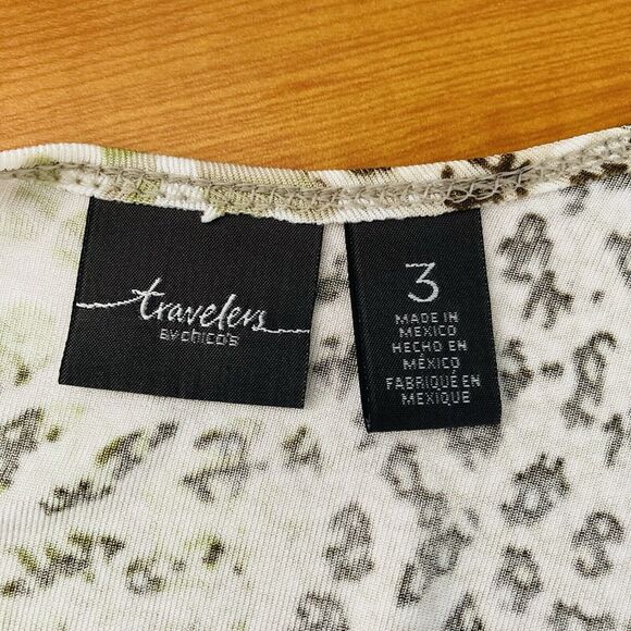 Chico's Travelers Slinky Tan Chartreuse Brown Animal Spots Open Front Sweater 3 - Picture 6 of 6